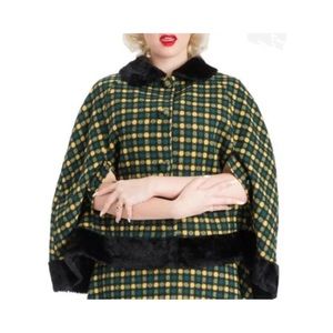 Voodoo Vixen Vintage Style Green Yellow Dots Faux Fur-Trim Audrey Cape-